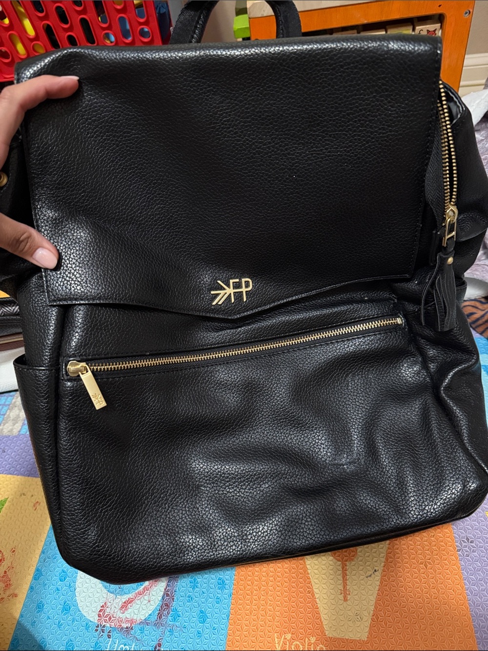 Freshly Picked Black Leather Diaper Backpack with Gold Accents